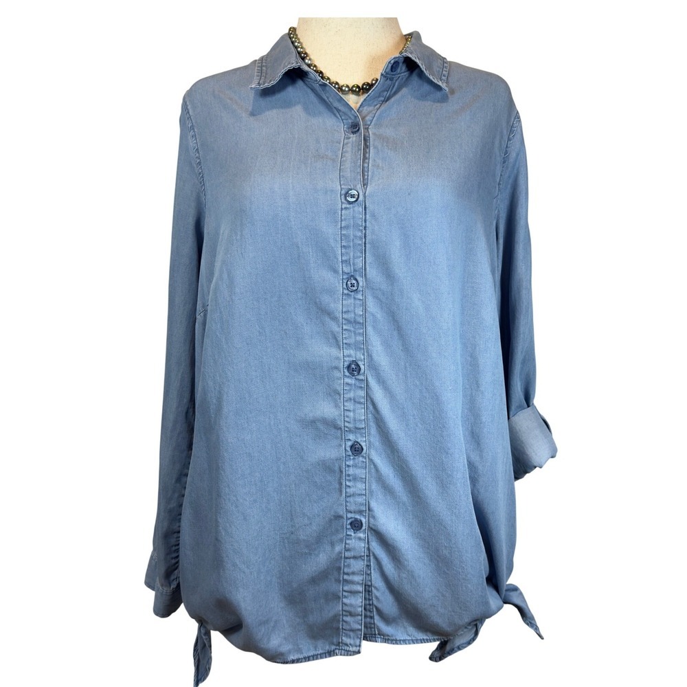 Zac Rachel Chambray Tunic Top L Button Front Roll Tab Sleeve Lyocell Lagenlook - Picture 3 of 10